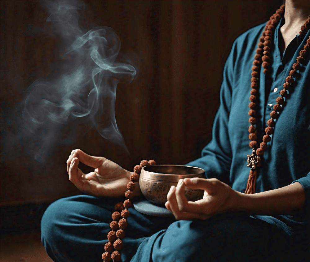 person meditating with a Rudraksha mala while surrounded by sound healing instruments, illustrating the integration of Rudraksha into meditation practices